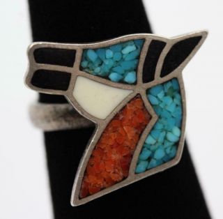 Vintage Navajo Sterling Silver Inlay Turquoise Coral Onyx Horse Head 3.  75 - 4 Ring