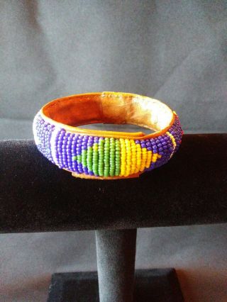 Vintage African Bracelet,  Beaded Leather,  And Vintage Fabric -