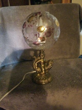 Vintage Brass Finish Cherub & Fish Table Lamp W/colored Glass Shade About 11 " H