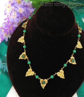 Vintage Old Art Deco Jade Green Glass Brass Repousse Leaf Floral Fringe Necklace