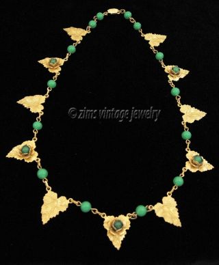 Vintage old ART DECO jade Green glass Brass repousse LEAF Floral fringe NECKLACE 5