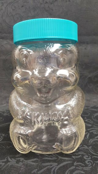 Vintage Skippy Peanut Butter Glass Teddy Bear Jar Bank W/ Lid