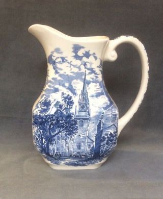 Vintage Liberty Blue 8” Tall Pitcher Historic Colonial Scenes Old North Church