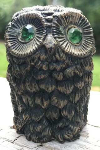 Vintage Carved Owl With Green Eyes Made In Italy Topper