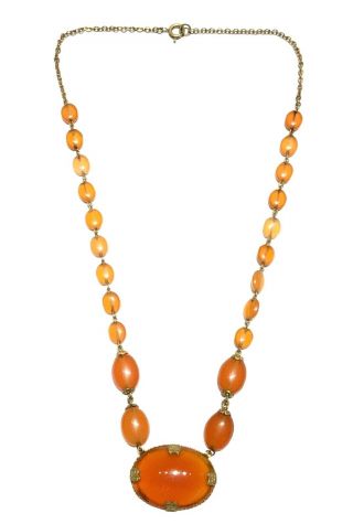 Vtg Signed Czechoslovakia Amber Glass Bead 20” Necklace