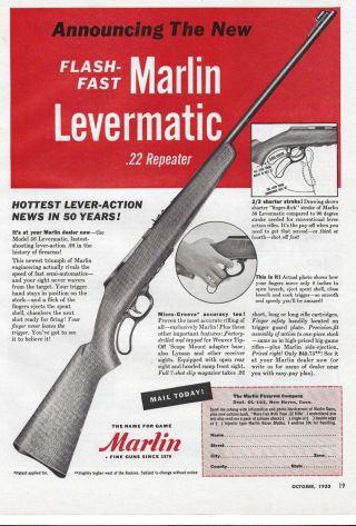 Vintage 1955 Marlin Levermatic 22 Rifle Model 56 Print Ad Advertisement Matted