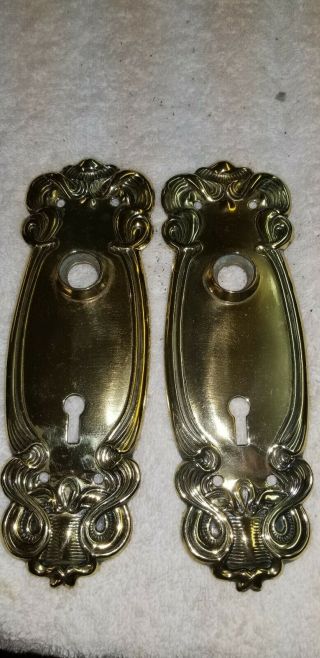 Vintage Pair Old Antique Ornate Brass Door Knob Escutcheon Back Plate