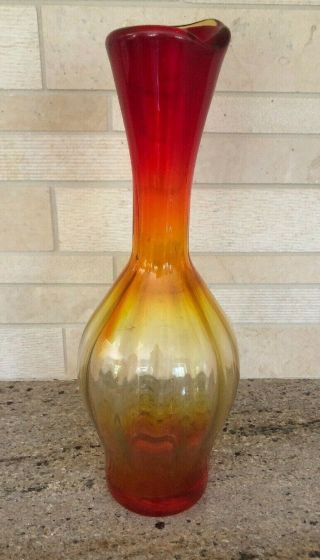 Vintage Blenko Art Glass Vase Blown Tangerine Optic 64d Amberina 1974
