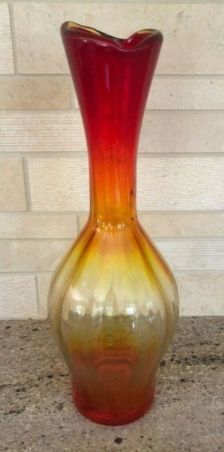 Vintage Blenko Art Glass Vase Blown Tangerine Optic 64D Amberina 1974 2