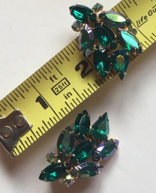 BIG Vintage Juliana Green Navette Aurora Borealis Rhinestone Clip Earrings 3