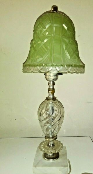 Vintage Crystal Green And Clear Night Table Lamp With Marble Base 16 "
