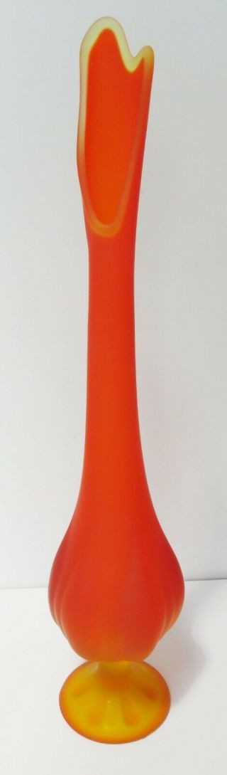 Tall Vintage Viking Glass Orange Pulled Satin Glass Vase With Label