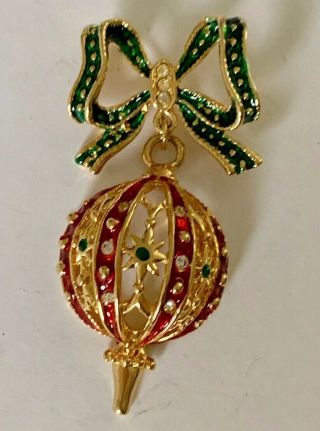 Vintage Gold Tone Enamel Rhinestone Christmas Ornament Brooch Pin Jewelry