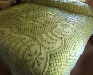 Vintage Celery Green Chenille Bedspread Coverlet,  Leaf Daisy Pattern,  King Size