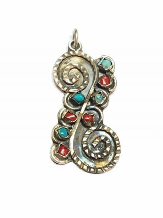Vintage Native American Sterling Silver Red Coral Turquoise Pendant