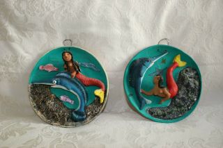 Vintage Mexican Ceramic Pottery Mermaid 7 " Wall Plaques Signed Josefina Aguilar