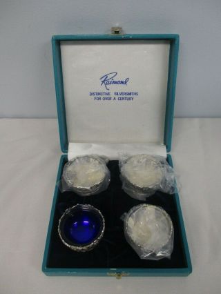 4 Vintage Raimond Silverplate W Cobalt Blue Glass Inserts Open Salt Cellars Mib