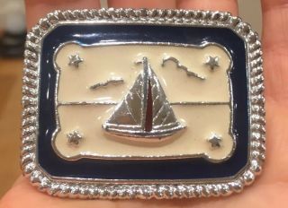 Vintage Metal Silver Tone Blue & White Sailboat Ship Pin Brooch,  Sea,  Boats