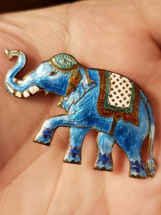 Vintage Siam Sterling Silver Blue Enamel Elephant Brooch Pin 2 "