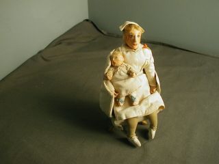 Vintage Nurse Doll W/ Baby In Chair - Paper Mache - Hand Made - Blond Hair 21 Em