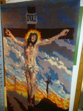 Crucifixion Jesus Cross Latch Hook Rug Wall Hanging Finished 75 " X 45 " Vintage
