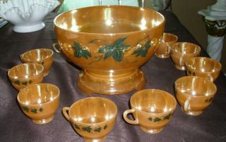 Vintage Depression Glass Anchor Hocking Peach Luster Punch Bowl 12 Cups Base