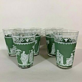 Set Of 5 Vintage Jeannette Glass Tumblers Green Jasperware Hellenic 4.  75 " Tall