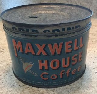 Vintage Maxwell House Coffee Advertising Tin Can Blue Drip Grind