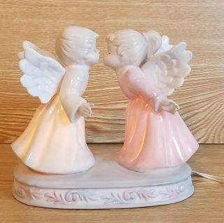 Vintage Ceramic Child Angels Kissing Figurine Table Top Night Light