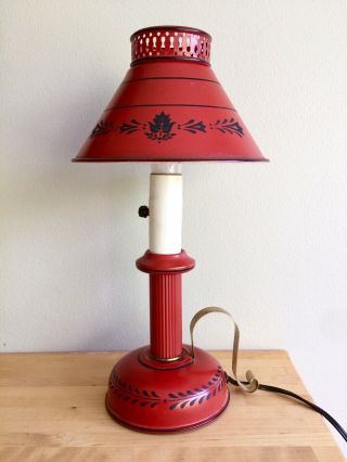 14” Vintage Mid Century Bedside Metal Table Lamp Candle Holder Shape Red Enamel