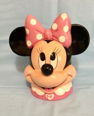 Vintage Disney Enesco Minnie Mouse Head Ceramic Coin Piggy Bank Pink Rare Find