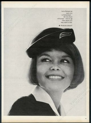 1965 Swissair Stewardess Photo Unusual European Vintage Print Ad