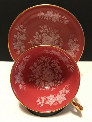 Vintage Aynsley Dark Coral W/ White Roses Cup & Saucer Sticker Attached