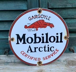 Vintage Mobiloil Artic Motor Oil Gasoline Porcelain Station Pump Plate Sign