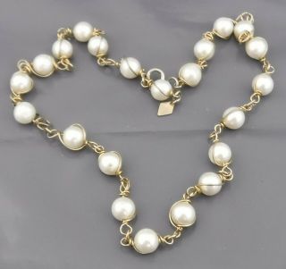 Vintage Faux Pearl & Gilt Wire Trim Designer Necklace By Sarah Coventry 16 " Long