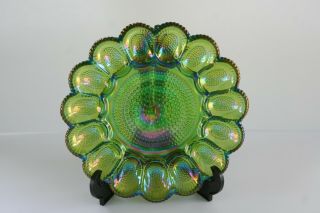 Vintage Indiana Carnival Glass Deviled Egg Platter Green Hobnail Iridescent