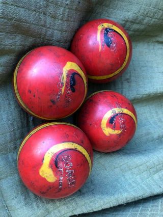 4 Comet Rubber Duckpin Bowling Balls Bright Orange Yellow Swirl VTG Beauties 2