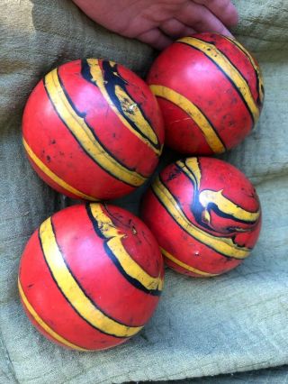 4 Comet Rubber Duckpin Bowling Balls Bright Orange Yellow Swirl VTG Beauties 5