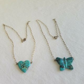 Vintage (2) Carved Turquoise Necklaces Heart & Butterfly With Long Link Chain