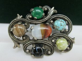 Vintage Signed Miracle Scottish Celtic Agate Glass Silver Plaid Brooch Kilt Pin