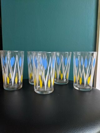 Great Atomic Vtg 1950s Set Of 5 Blue Yellow Zig Zag Spot 1960s Tumbler Glasses