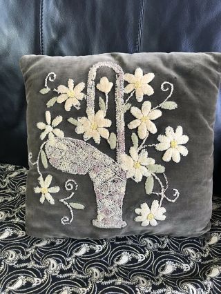 Antique/vintage Hand Made 1900’s - 20’s Pillow,  Velvet And Punched Wool/