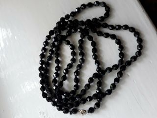 Vintage 1950s French Jet,  Black Glass,  Hand Knotted 25 " Long Bead Necklace 66