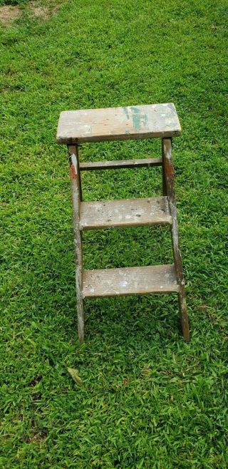 Vintage Wood Wooden 2 Step Ladder Rustic Primitive Shabby Painter Distressed Old