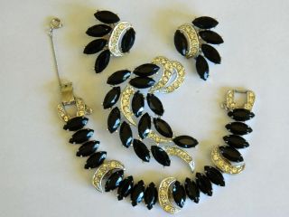 Vtg Sara Coventry Black & Clear Rhinestone Bracelet,  Brooch Pin,  Earring Set