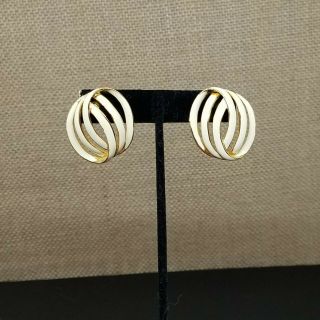 Vintage Erwin Pearl Cream White Enamel Gold Plated Woven Circle Post Earrings