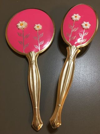 2 Piece Vintage Goldtone Hand Mirror & Brush Vanity Set Hot Pink & 3 - D Daisies
