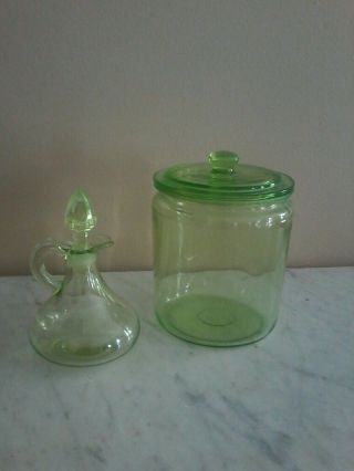 Vintage Green Depression Cruet W/stopper & Covered Pantry Jar