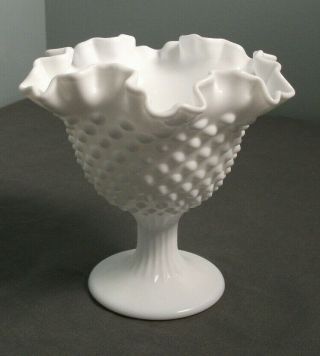 Vintage Fenton Candy Dish Compote - White & Clear Milk Glass - Ruffle Edges Mgr