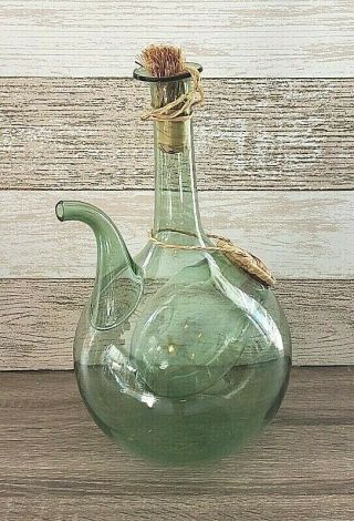 Vintage Green Glass Wine Bottle Decanter Ice Chamber Straw Stopper 13 "